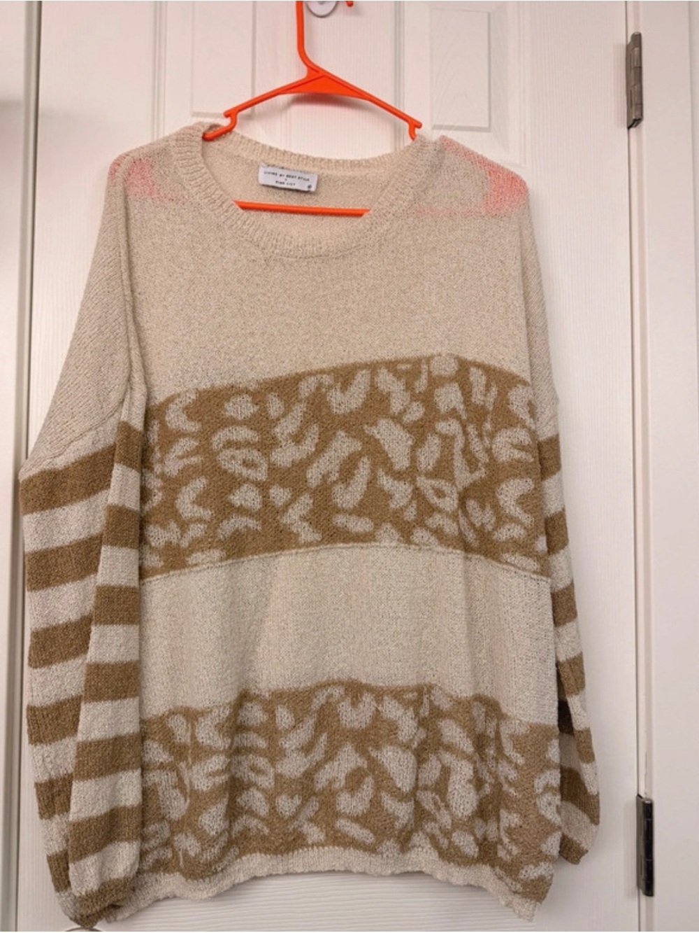 Pink Lily Cream & Brown Patterned Crewneck Sweater